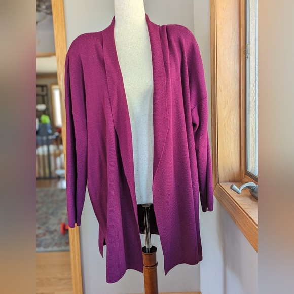 Vintage 90s Dana Buchman Purple Sweater Open Cardigan 100% Wool Drop Shoulder M - Picture 2 of 9